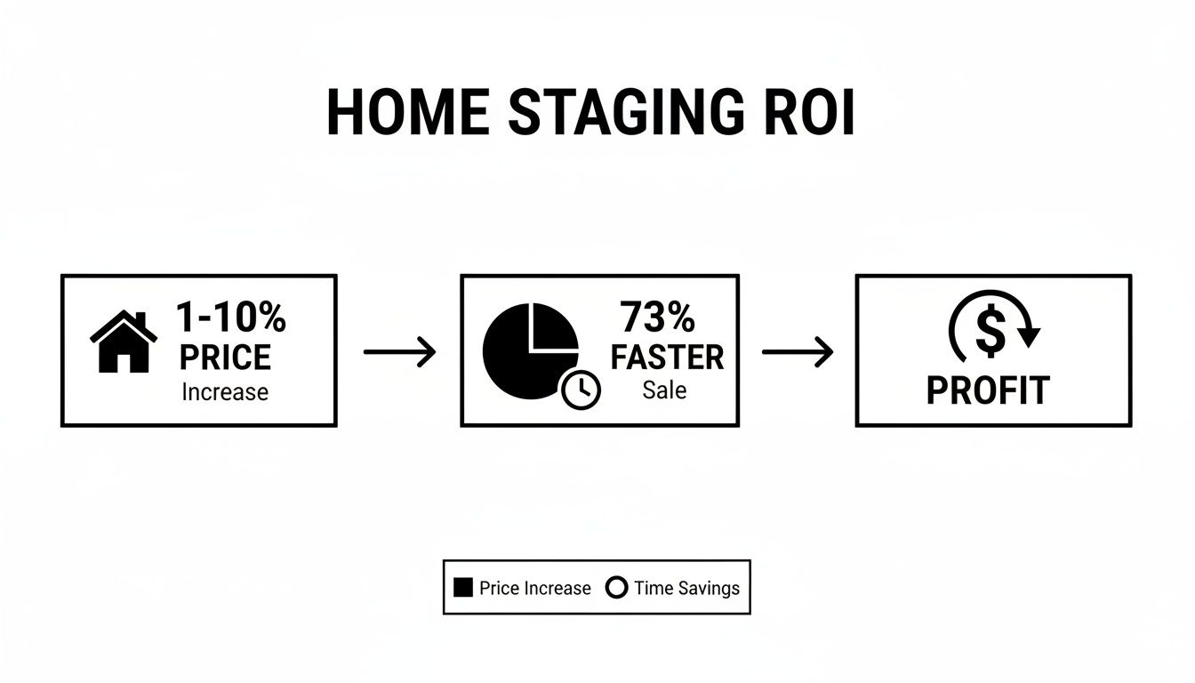 A flowchart illustrates home staging ROI, showing a 1-10% price increase, 73% faster sale, and ultimate profit.