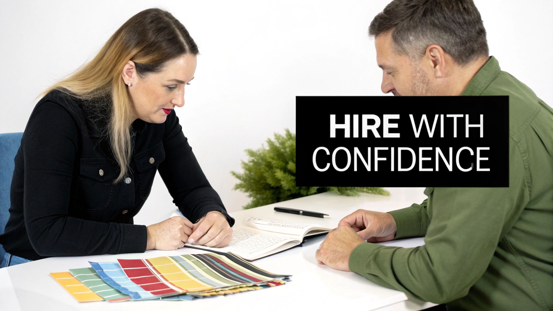 Two individuals review color swatches and a notebook on a white table, with 'Hire with Confidence' text.