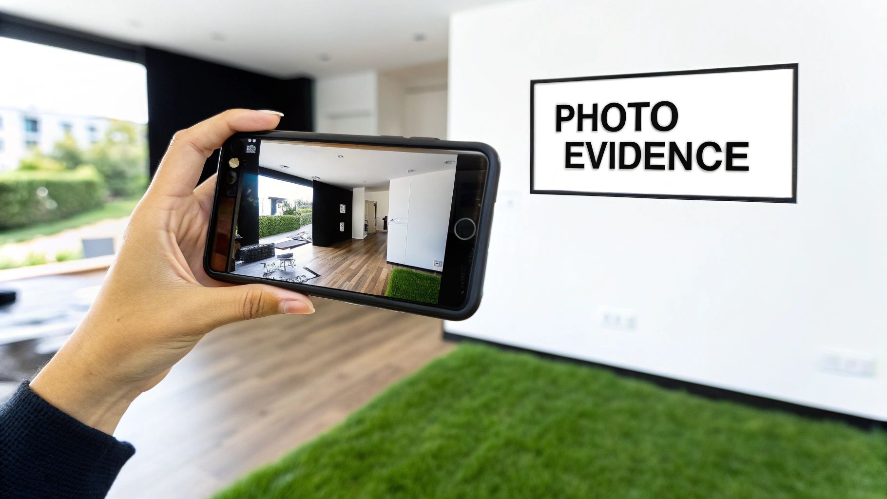 A person taking a timestamped photo of a scuff on a wall with their smartphone.