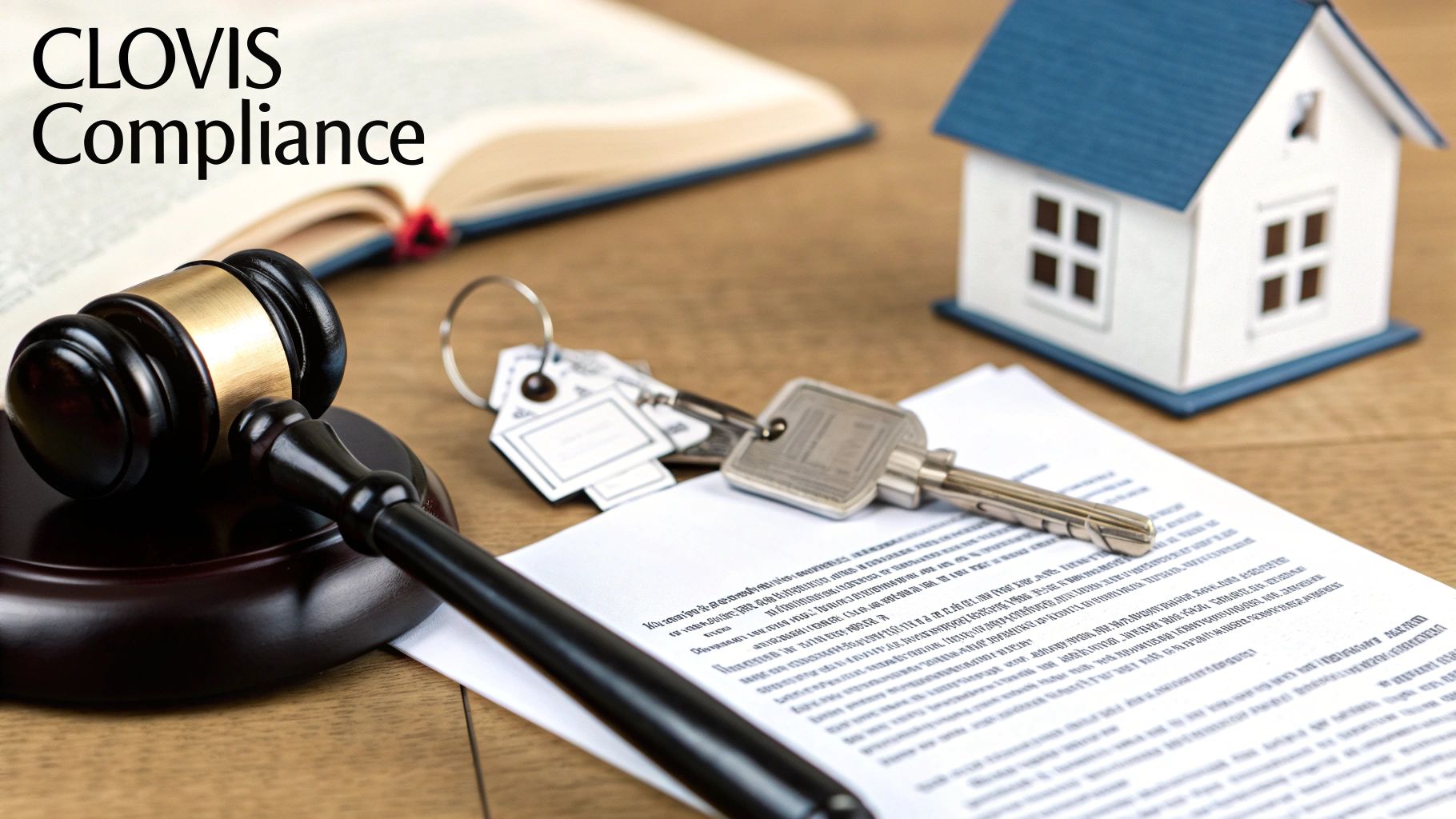 A formal legal document with a gavel resting on top, signifying law and compliance.