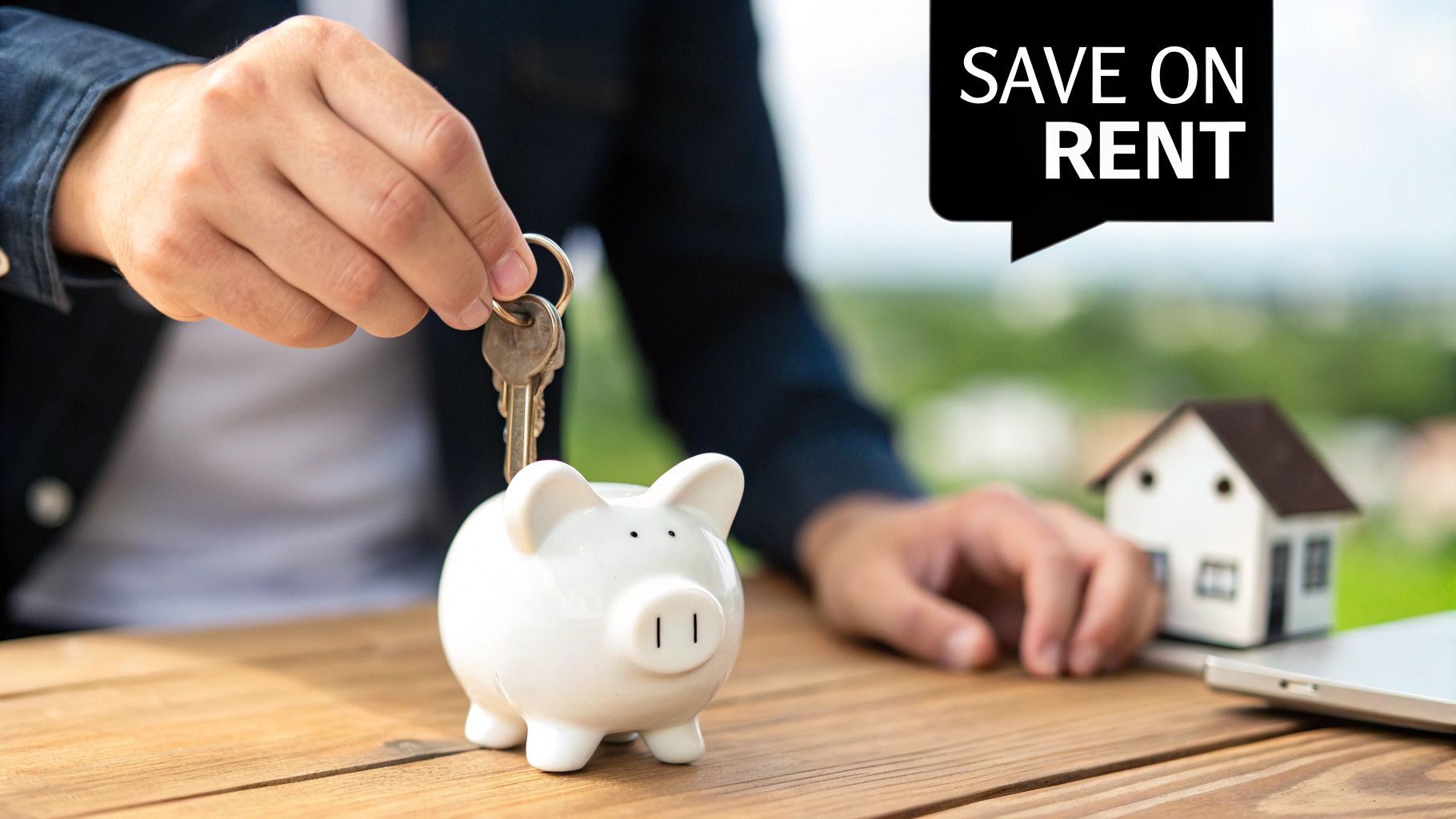 A person smiling and holding keys, representing finding a new rental property.