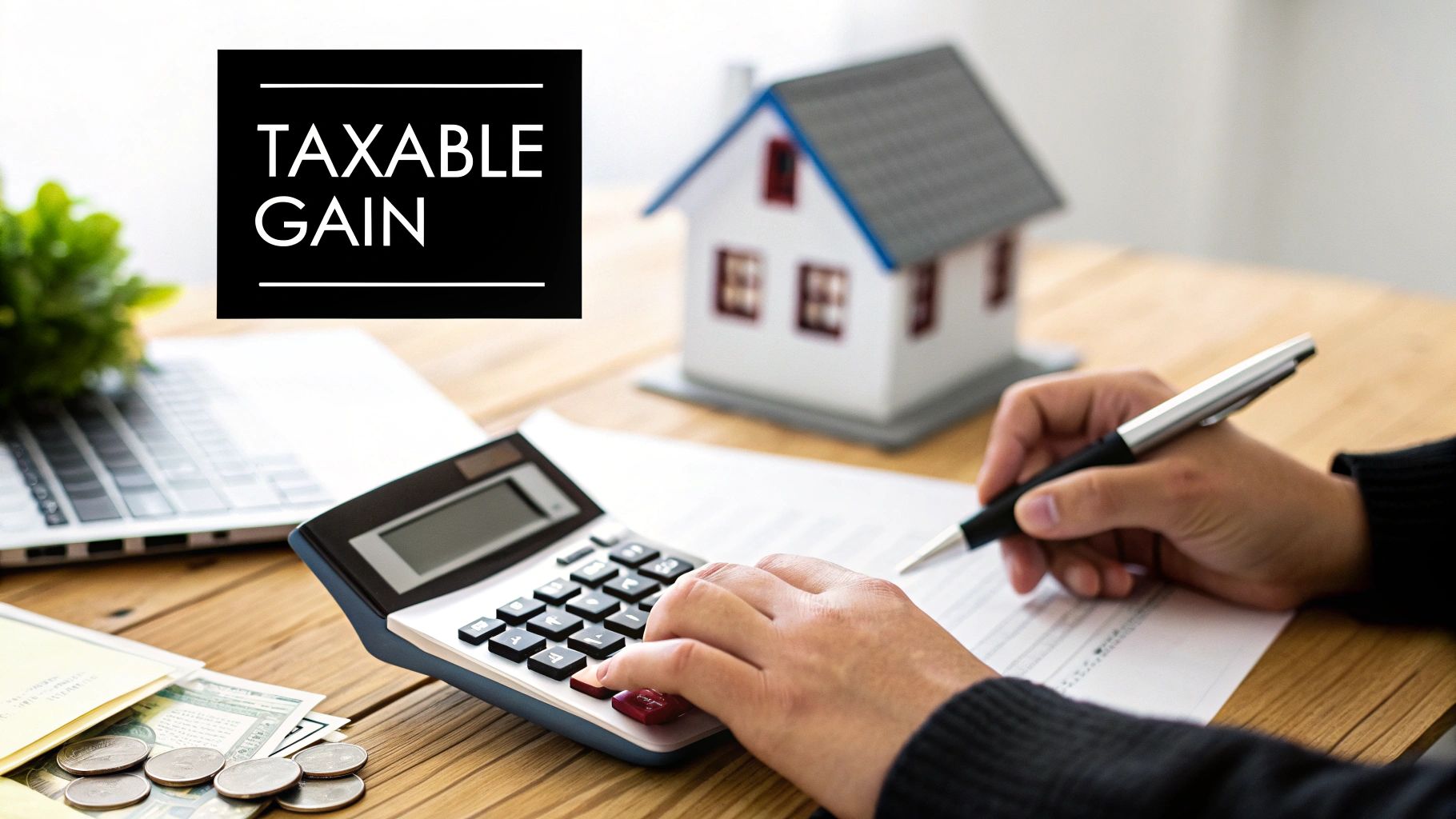 Hands calculating 'Taxable Gain' for a home sale, with a model house and financial items.