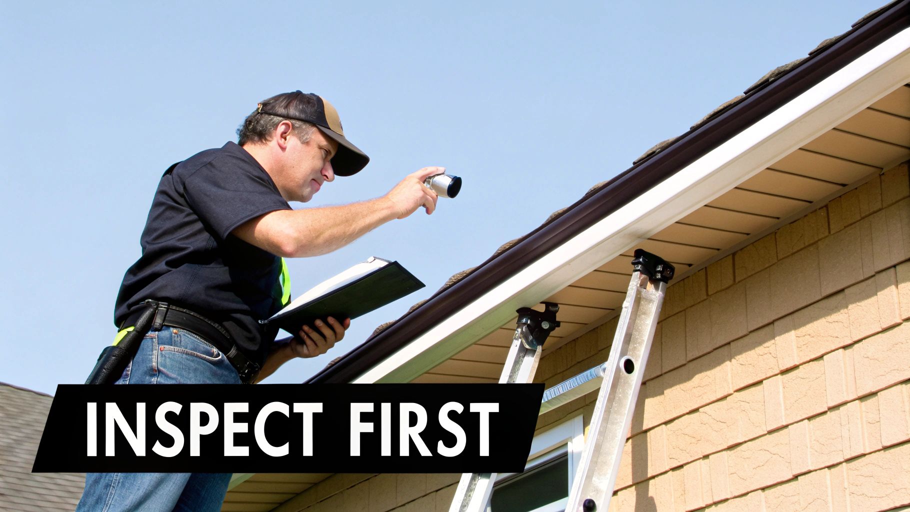 A man on a ladder inspecting a house roof and gutter with a flashlight and clipboard. Text: "INSPECT FIRST".