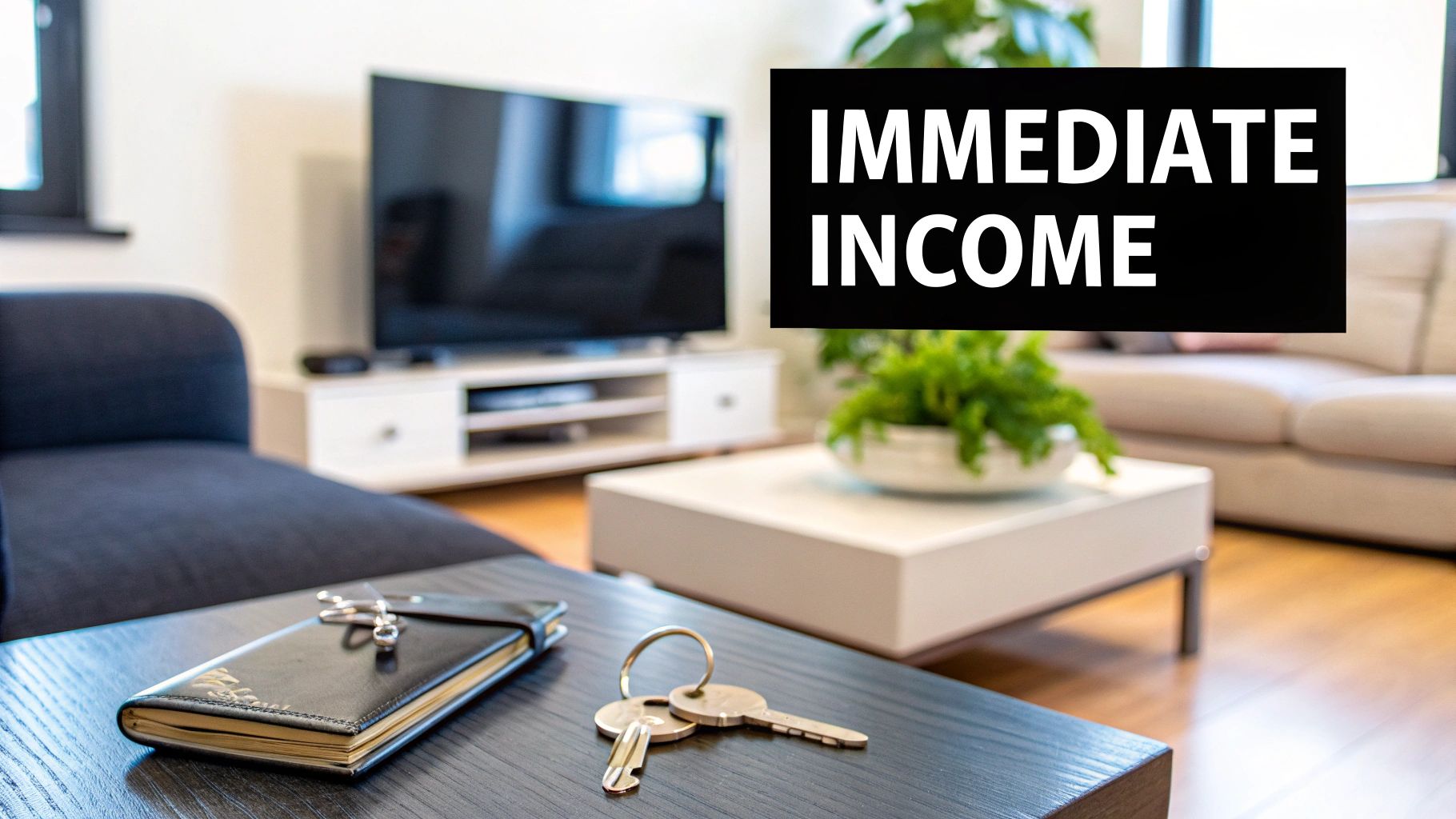 A comfortable living room with a TV, couch, and coffee table, featuring a 'IMMEDIATE INCOME' sign, keys, and a notebook.