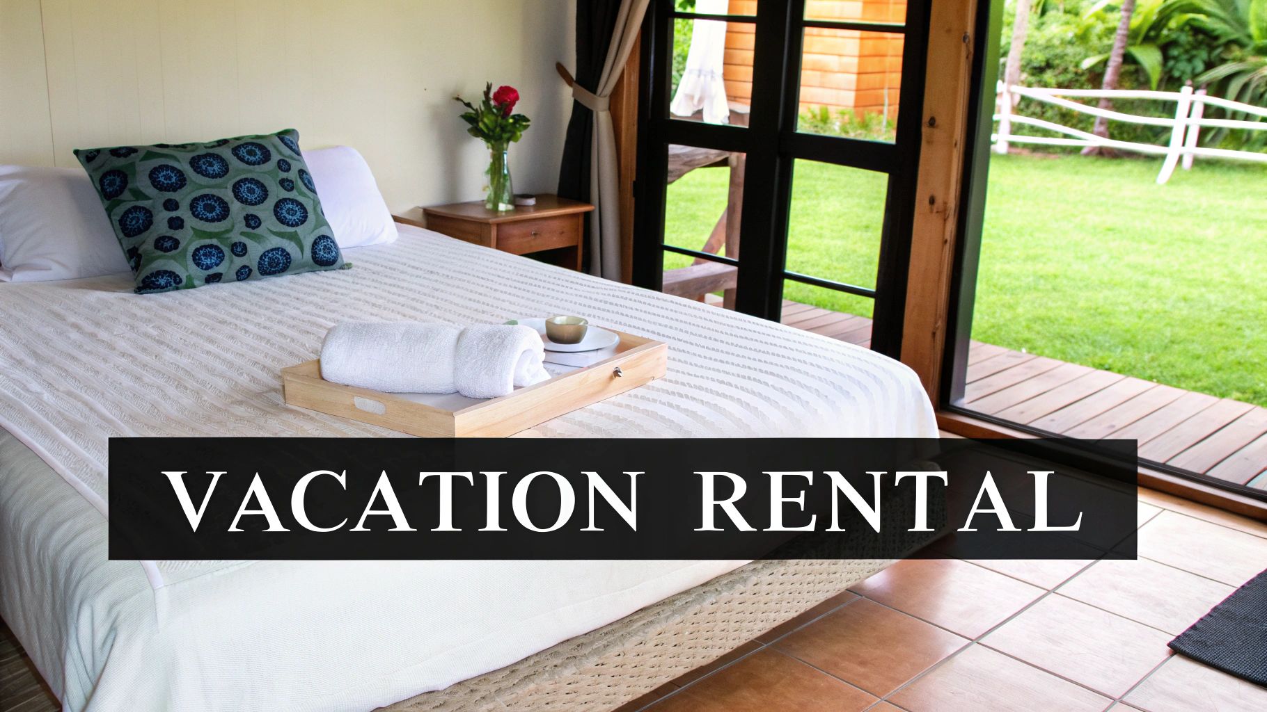 A cozy bedroom in a vacation rental with a bed, towels, and a view of a lush garden.