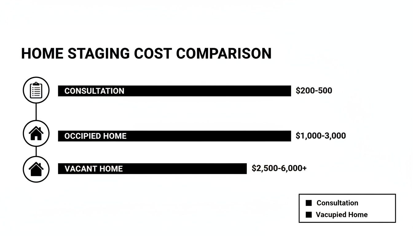 A home staging cost comparison chart details prices for consultation, occupied, and vacant homes.