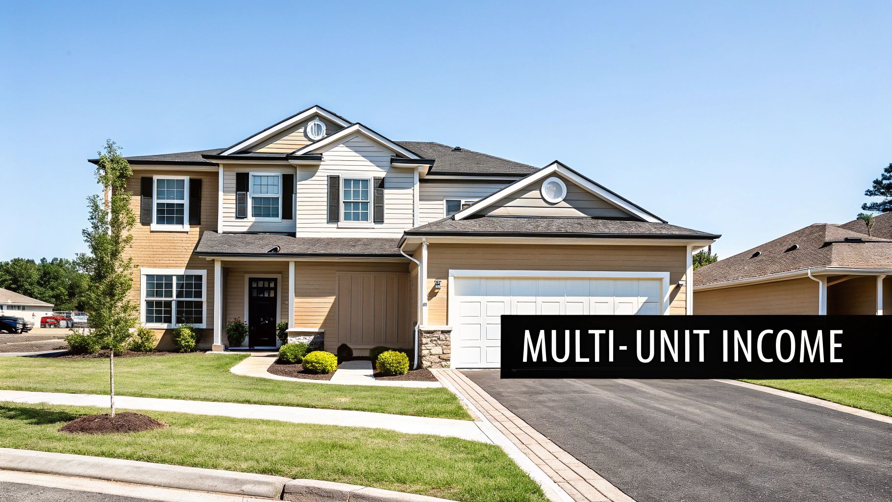 A modern, two-story light brown multi-unit house with a garage and green lawn on a sunny day.