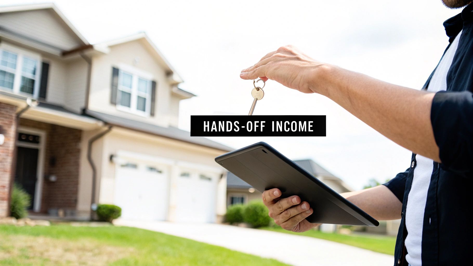 A person holds a house key and a tablet in front of a modern house. Overlaid text says 'Hands-Off Income'.