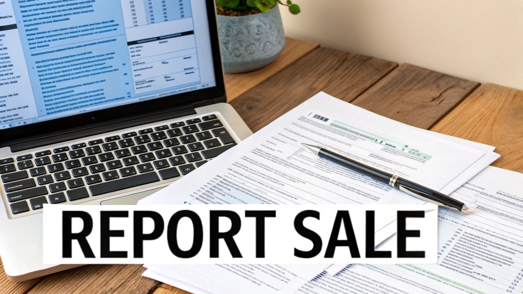 A laptop, documents, and a pen on a wooden desk, with 'REPORT SALE' text overlay.
