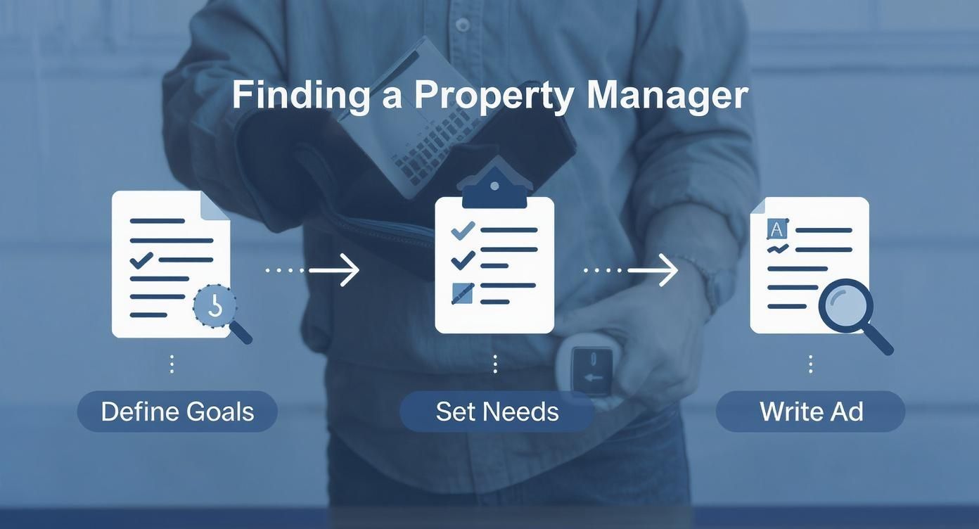 An infographic showing three steps to finding a property manager: define goals, set needs, and write an ad.