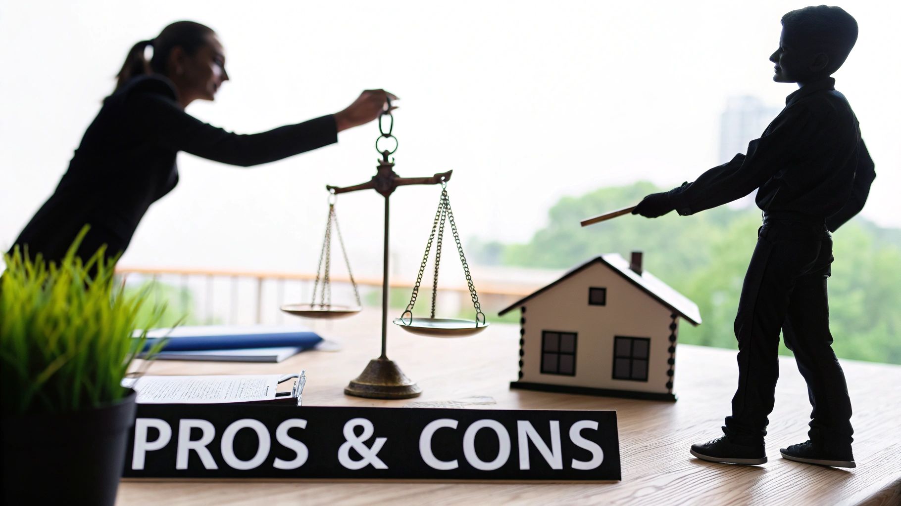 Silhouettes of people weighing pros and cons for a house decision with a scale.