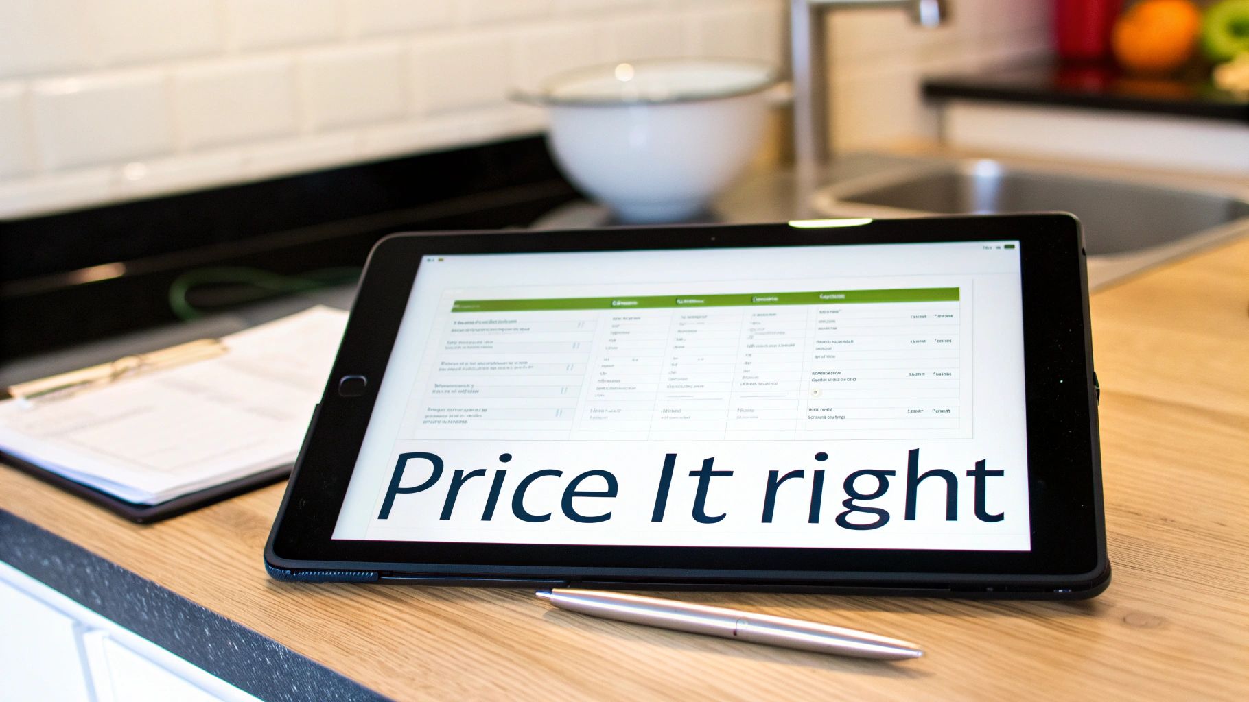 A tablet on a wooden counter displaying 'Price It right' on its screen, with a pen nearby.