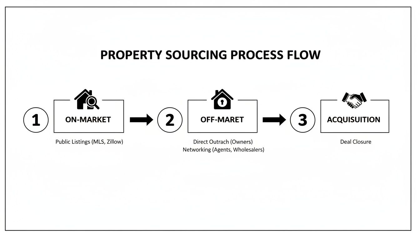 Flowchart illustrating the property sourcing process, including on-market, off-market, and acquisition stages.