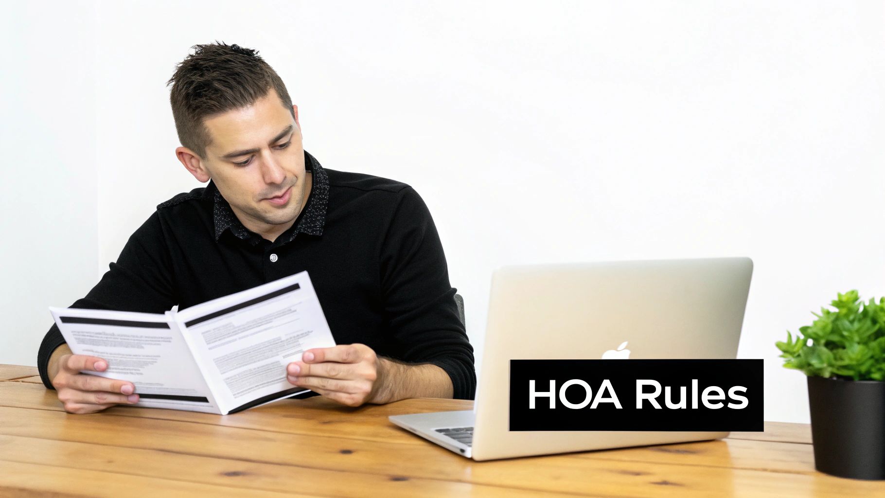 Man carefully reading HOA rules document at a wooden table with a laptop and plant.