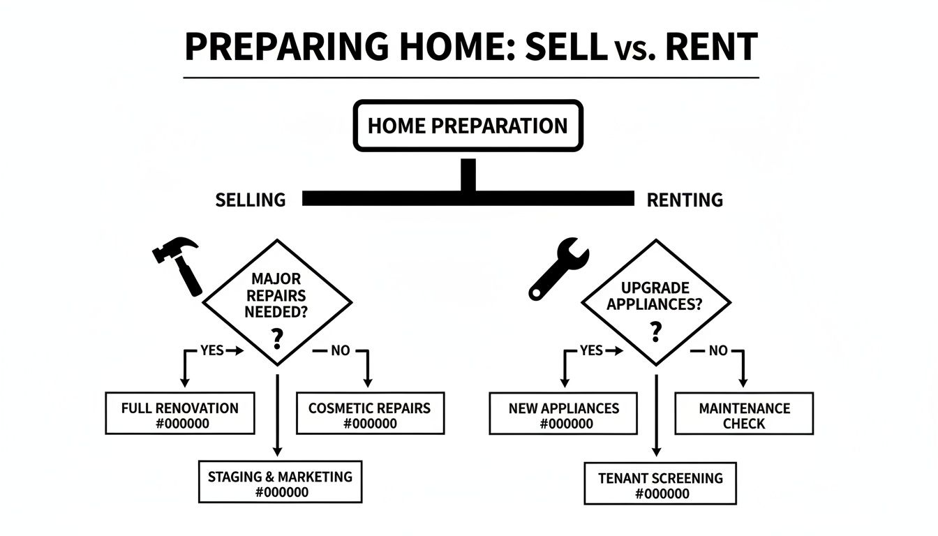 Flowchart illustrating steps for preparing a home for sale versus for rent, including repairs, renovations, appliances, and marketing.