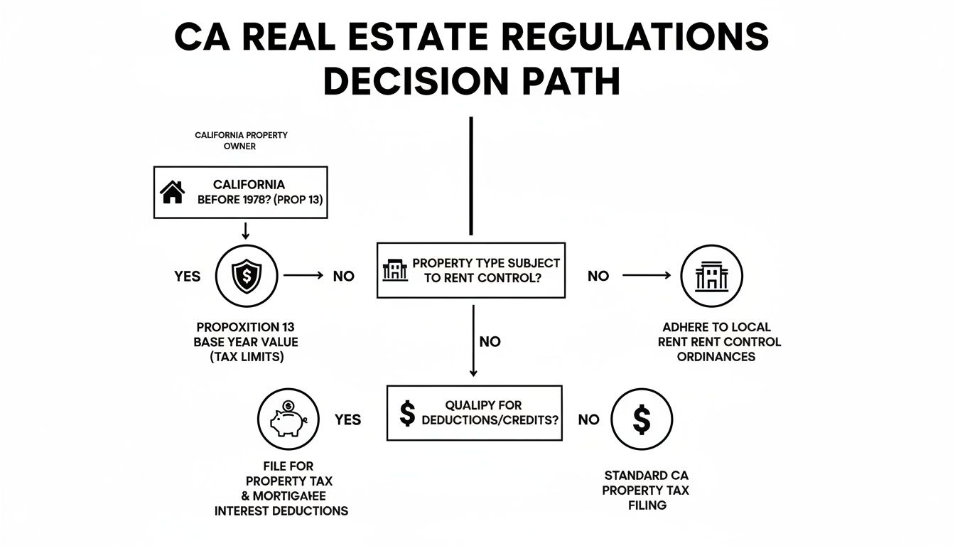 Flowchart illustrating California real estate regulations decision path for property owners, covering taxes and rent control.