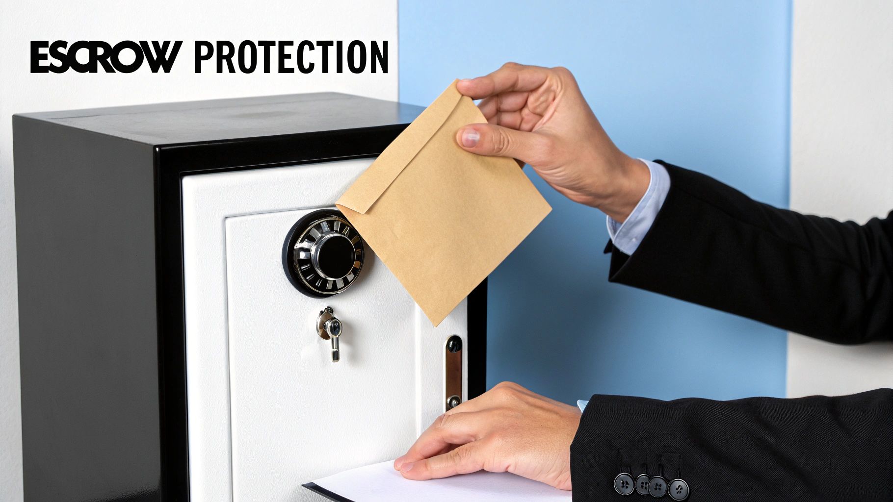 A key on a document, symbolizing the security of an escrow account for an earnest money deposit.