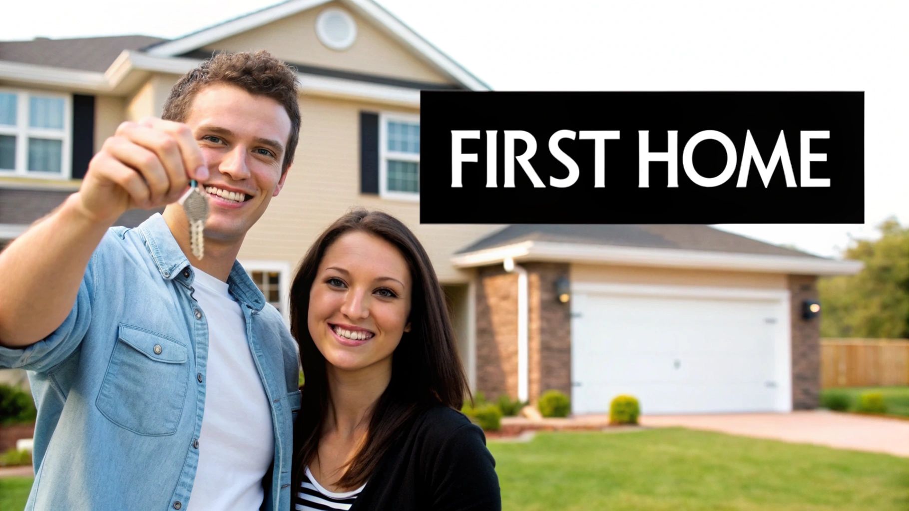 A smiling couple happily holding up house keys in front of their new first home.