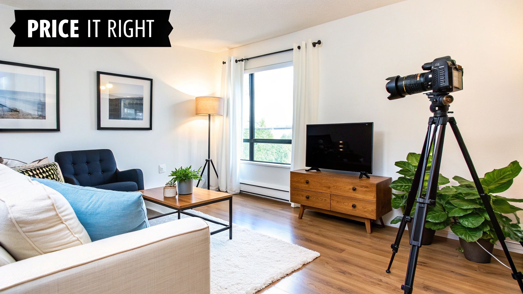 Modern living room staged for real estate photography, featuring a sofa, TV, and professional camera on tripod.
