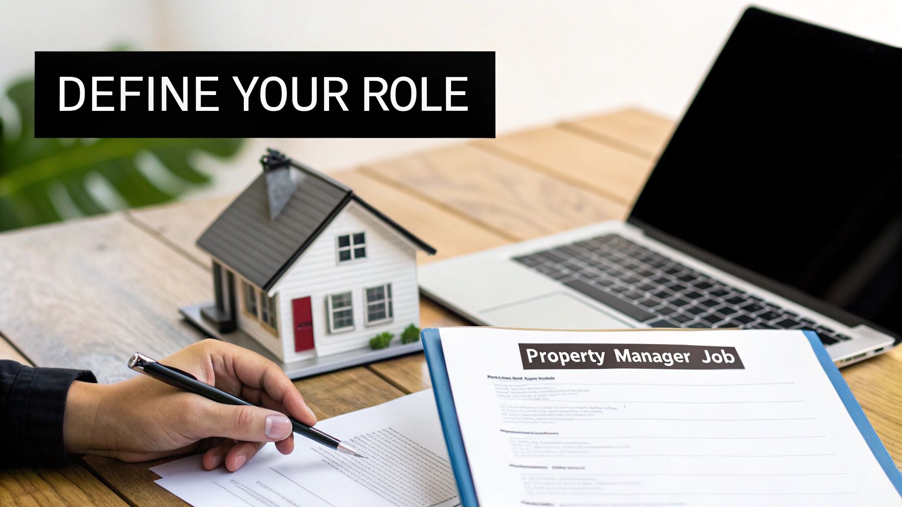 A person reviewing a 'Property Manager Job' document with a model house and laptop on a desk, next to text 'DEFINE YOUR ROLE'.