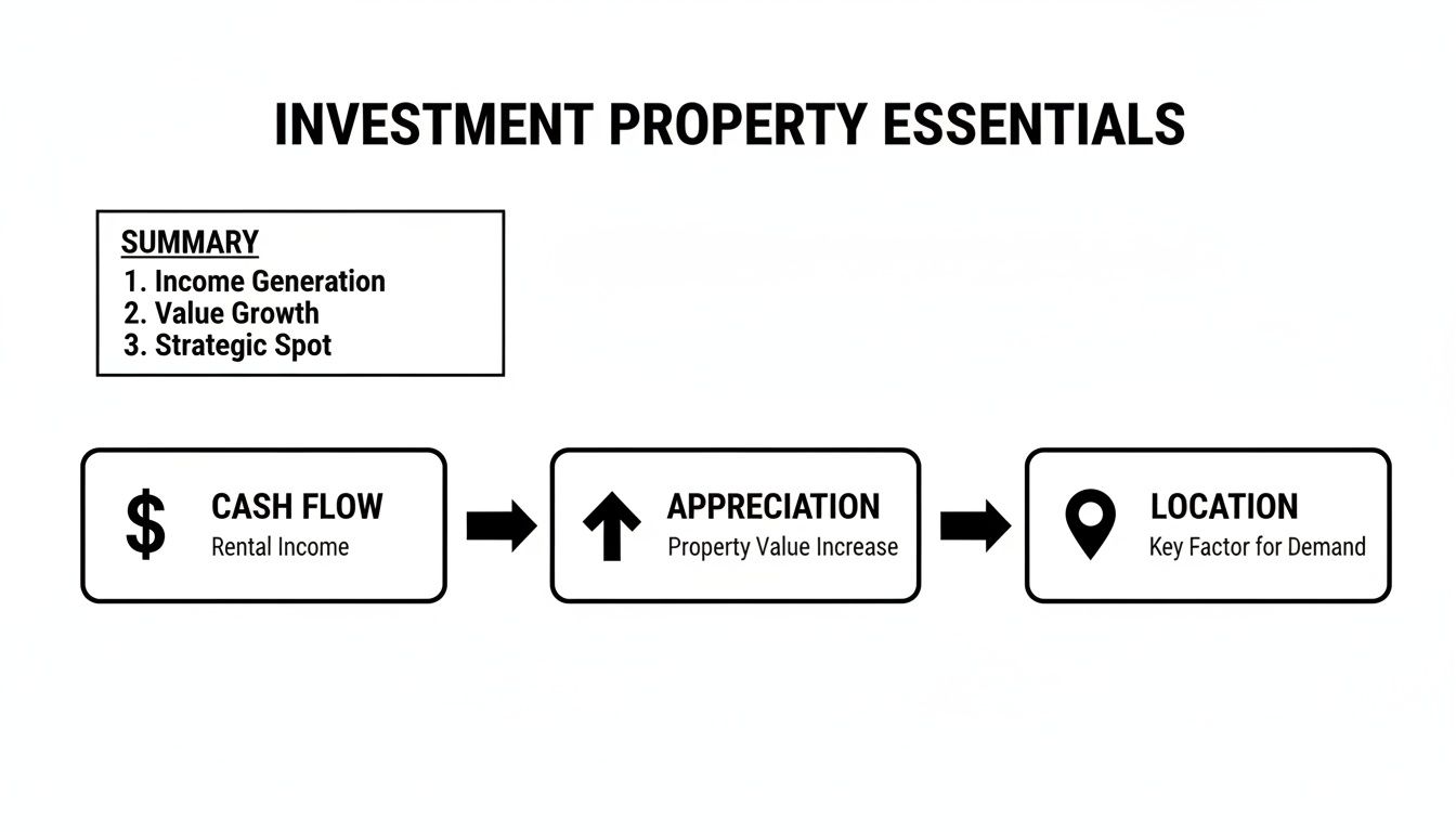 Diagram illustrating key factors for investment property essentials: cash flow, appreciation, and strategic location.