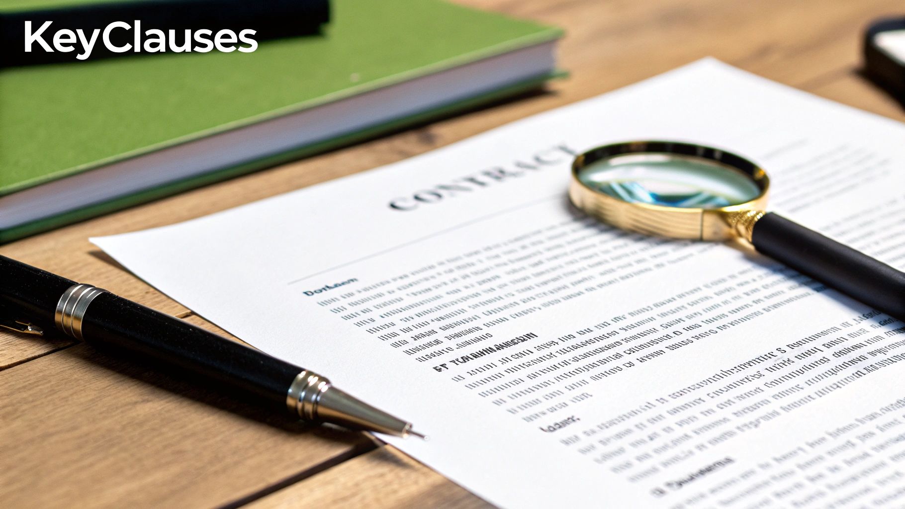 A contract document on a wooden desk with a pen and a magnifying glass, signifying legal review.