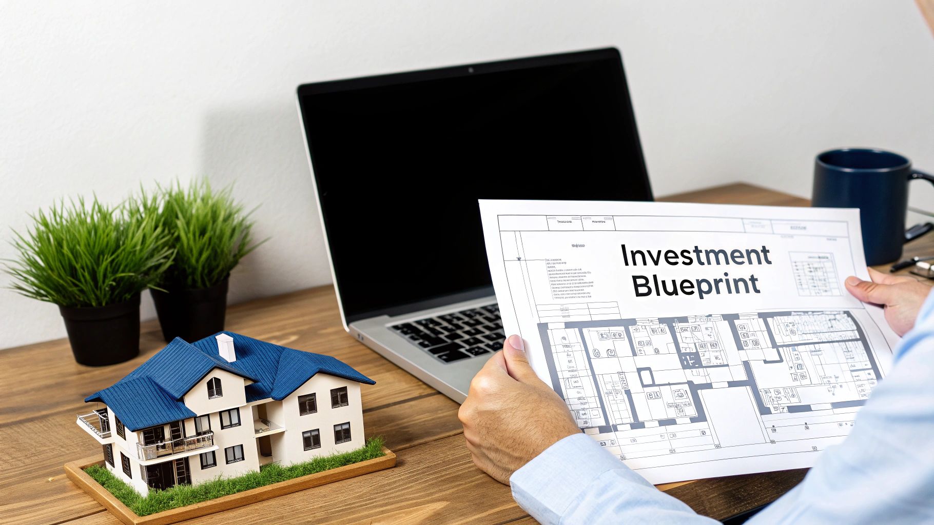 A person holds an 'Investment Blueprint' document with a floor plan, beside a model house and laptop on a wooden desk.