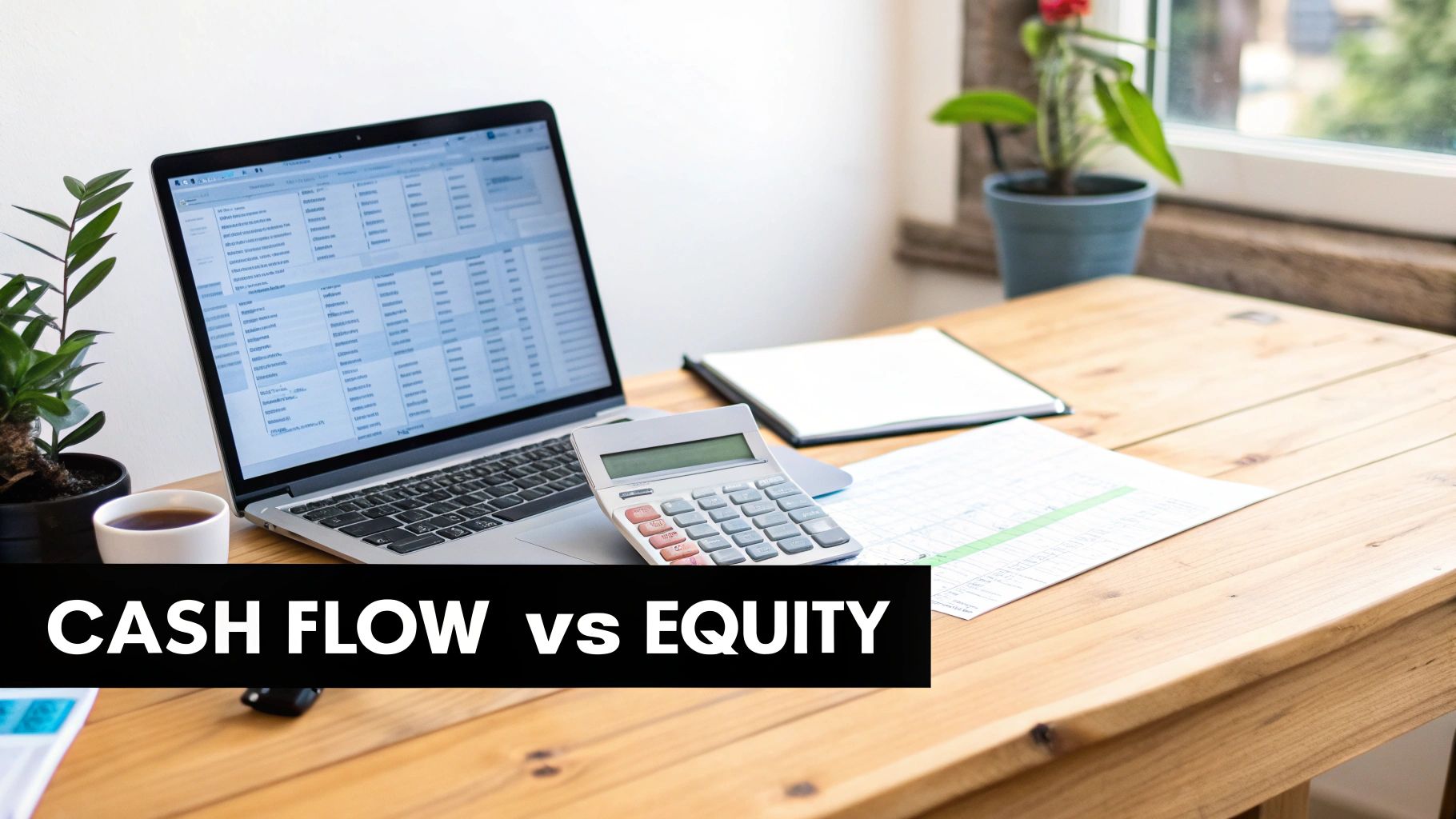 A calculator and papers showing a financial breakdown of renting versus selling a house
