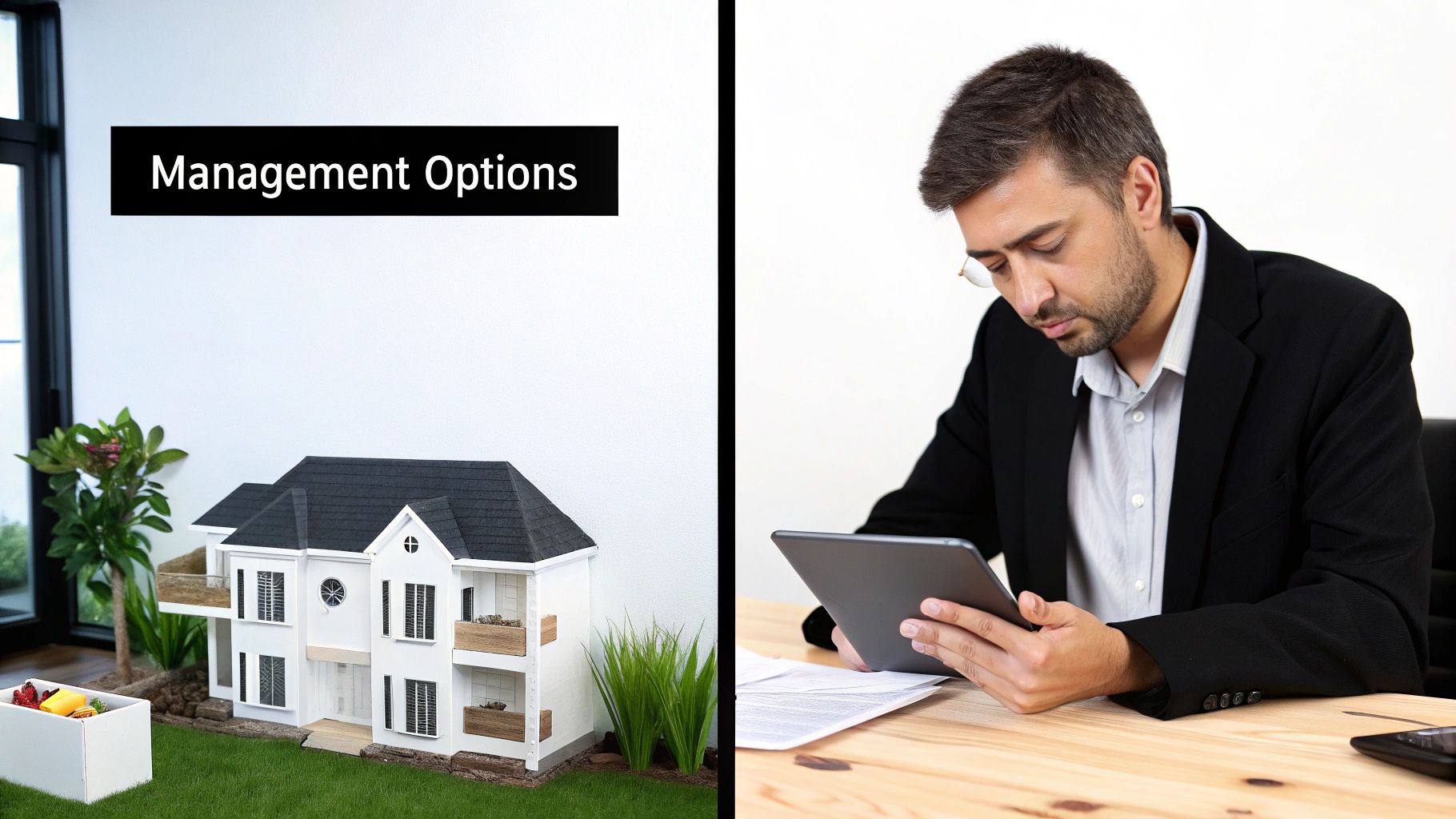 A split image showing a miniature house model with 'Management Options' text and a man using a tablet.