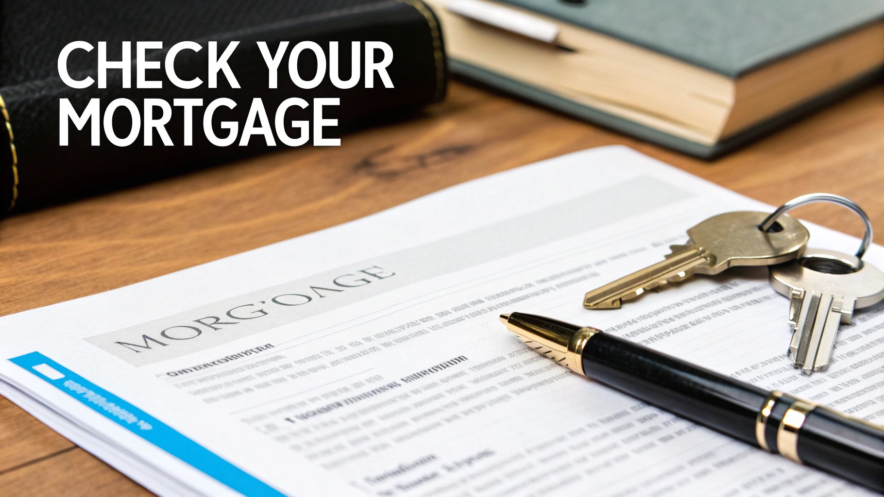 A mortgage document titled "MORTGAGE" with house keys and a pen on a wooden desk.