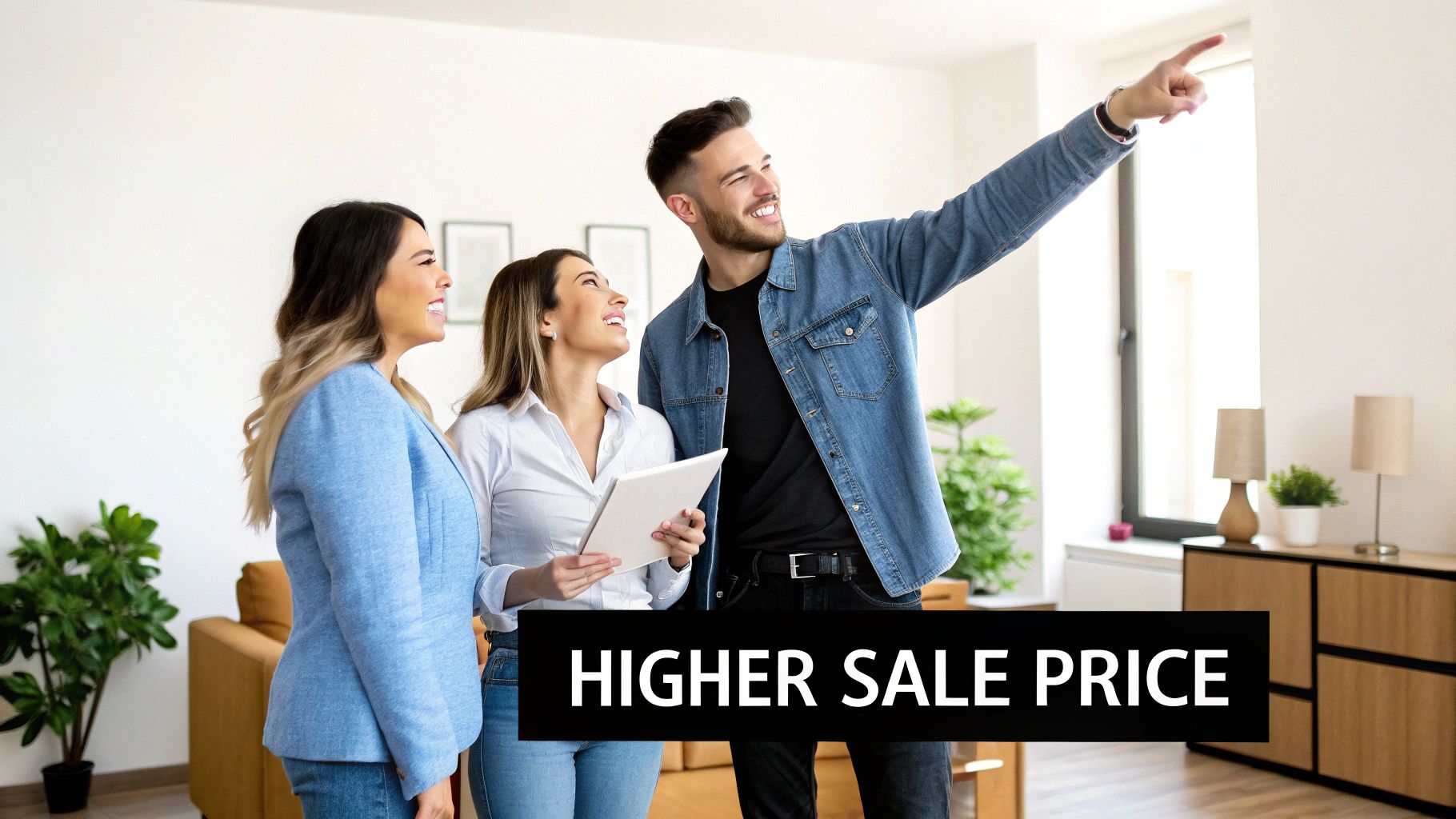 Three smiling people in a bright modern room, with a man pointing and text 'HIGHER SALE PRICE'.