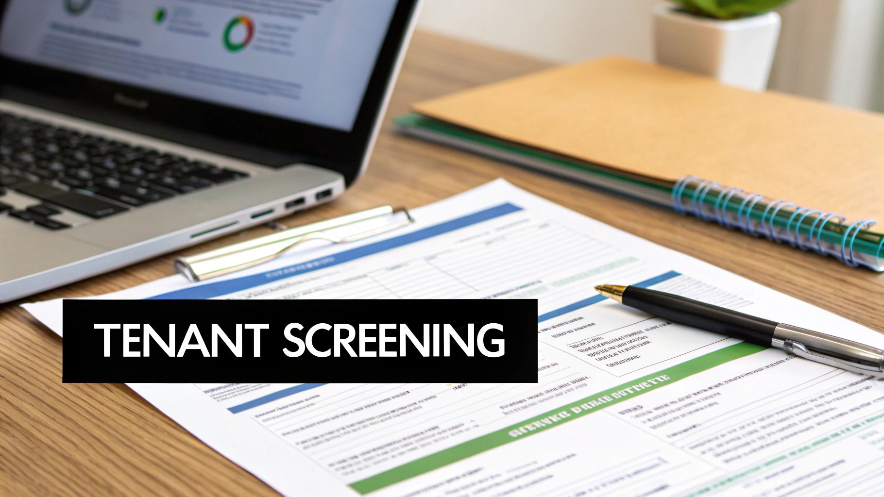 A desk with a laptop, documents, pen, and a banner reading 'TENANT SCREENING'.