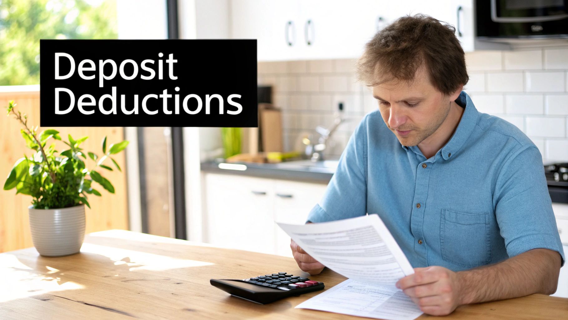 Man reviewing rental deposit deduction documents with calculator at kitchen table