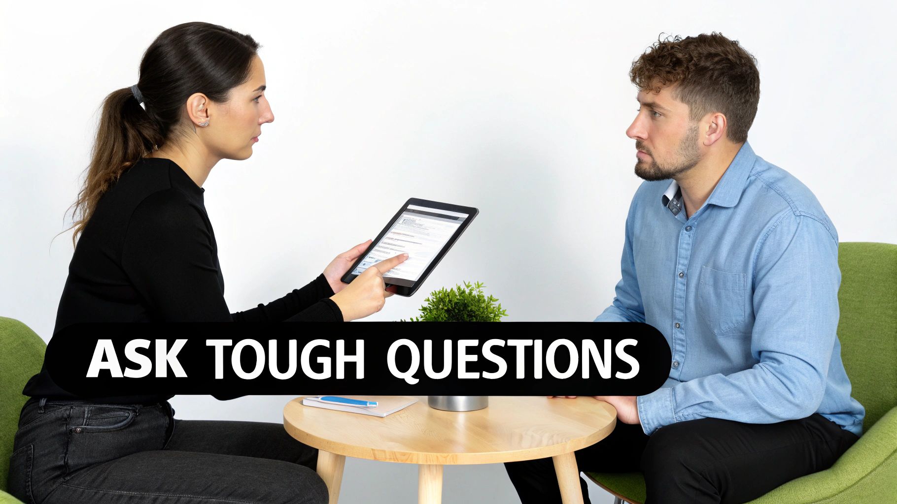 A woman with a tablet asks tough questions to a man in a professional discussion.