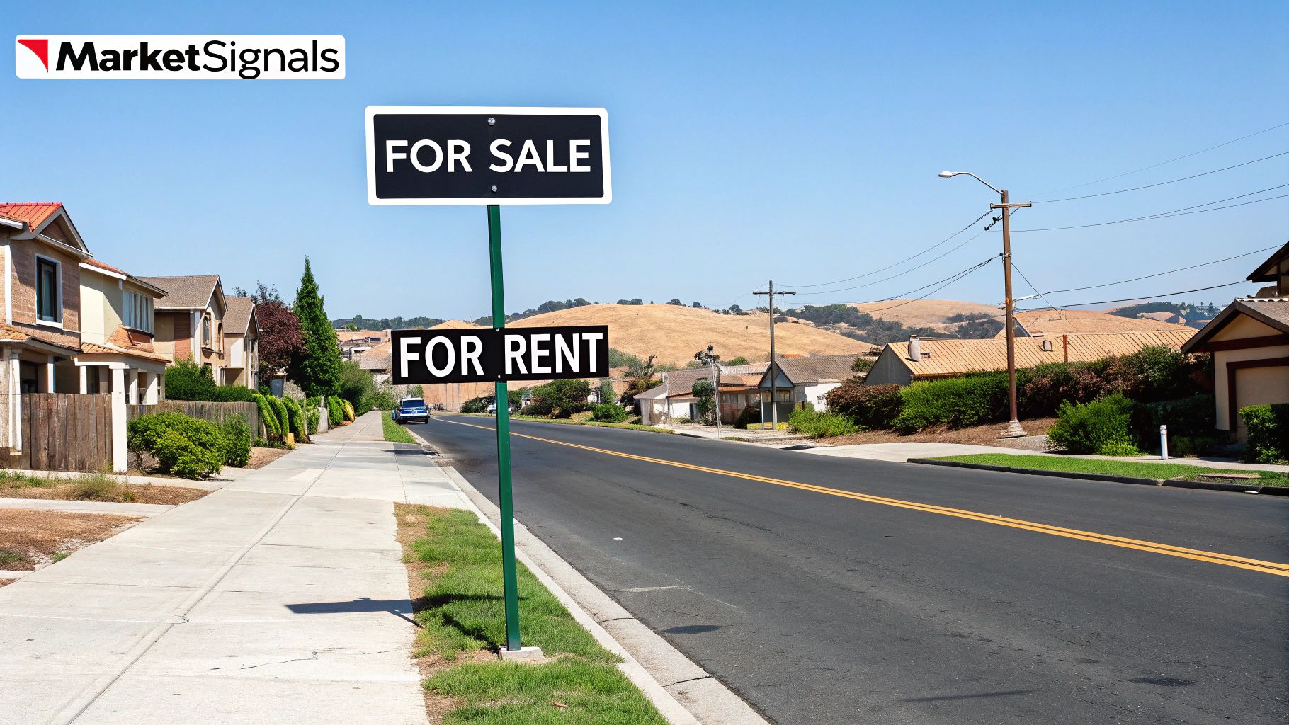 Residential street with prominent 'FOR SALE' and 'FOR RENT' signs on a pole, against a clear blue sky.