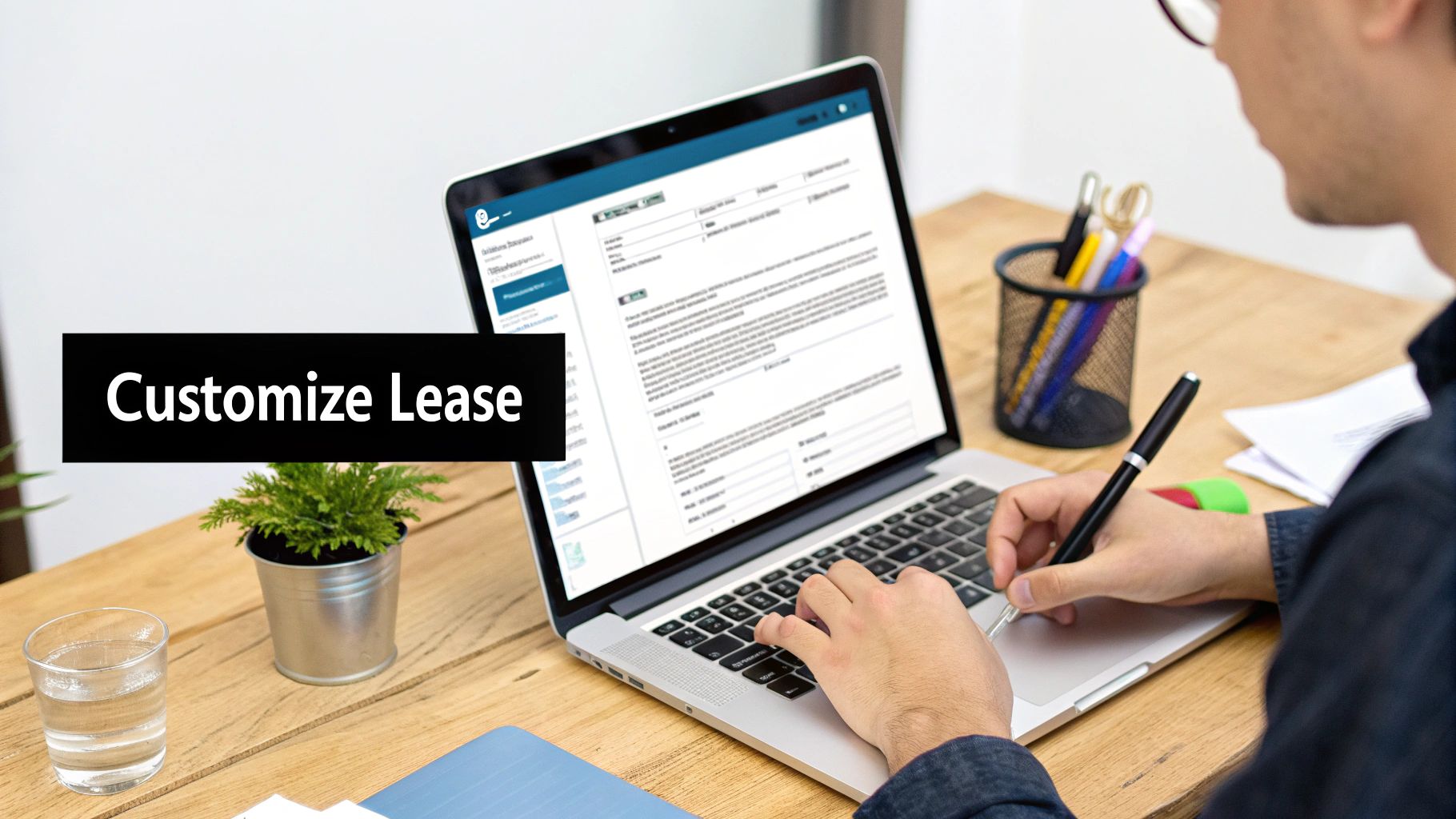 A person signing a lease agreement at a desk
