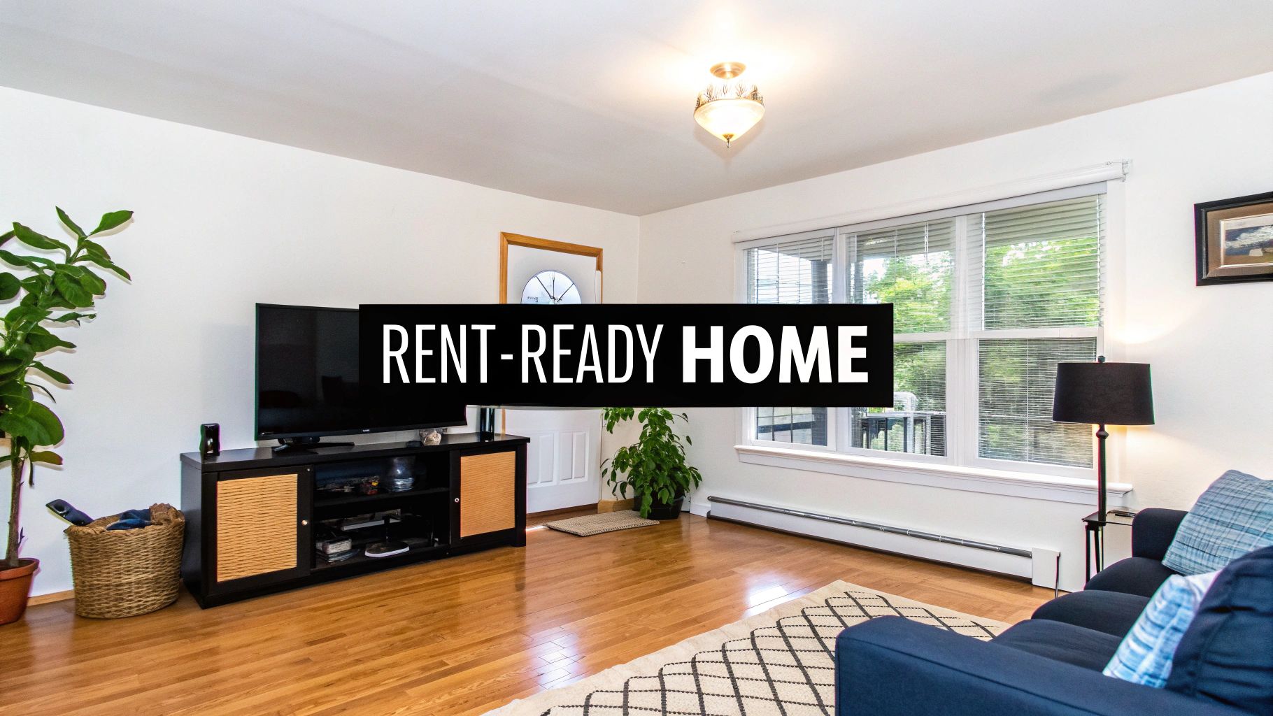 A bright, clean living room featuring a TV, blue sofa, and plants, indicating a rent-ready home.
