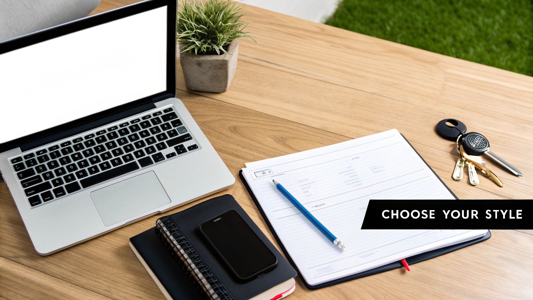 A flat lay shot of a modern workspace with a laptop, notebooks, phone, and keys on a wooden desk.