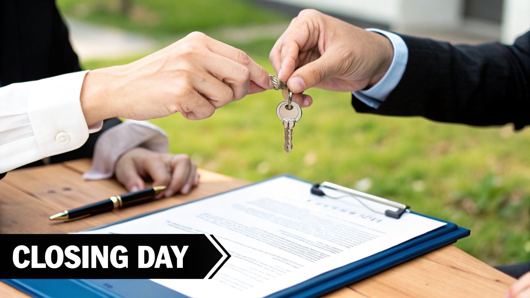 A pair of hands exchanging keys in front of a house, symbolizing the final step of the sale.