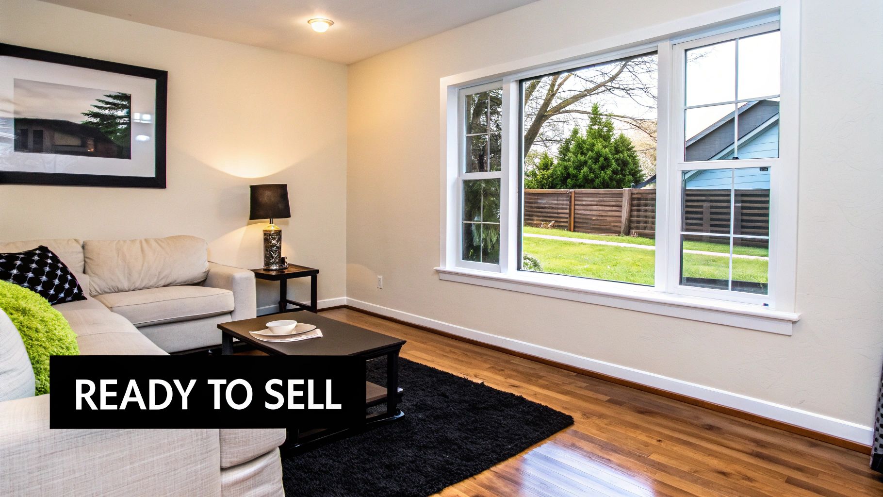 Modern bright living room with large windows overlooking green backyard ready to sell