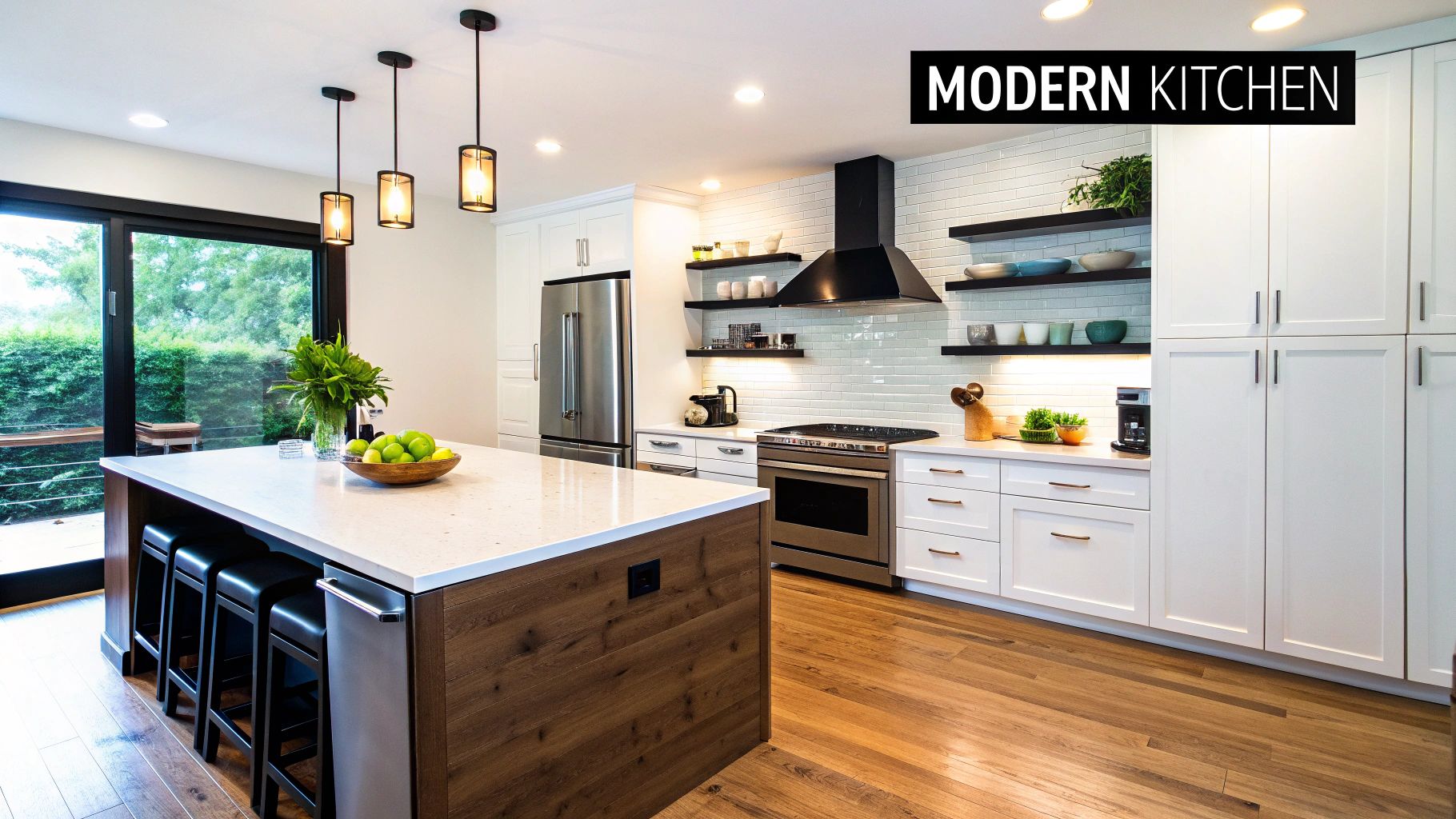 A modern, renovated kitchen with white cabinets, a large central island, and stainless steel appliances, ready for resale.