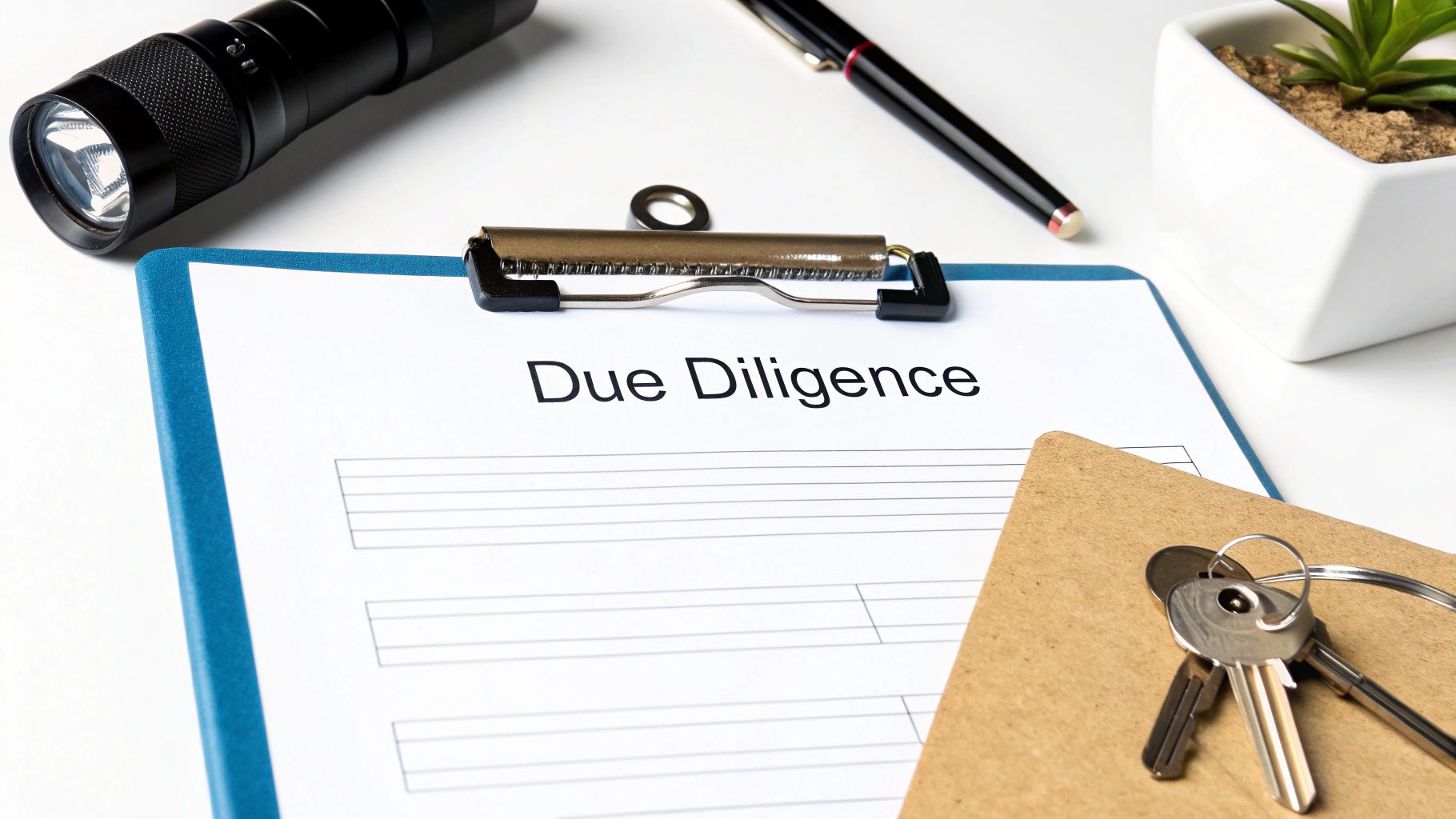 A clipboard with a "Due Diligence" document, keys, flashlight, and pen on a white desk.