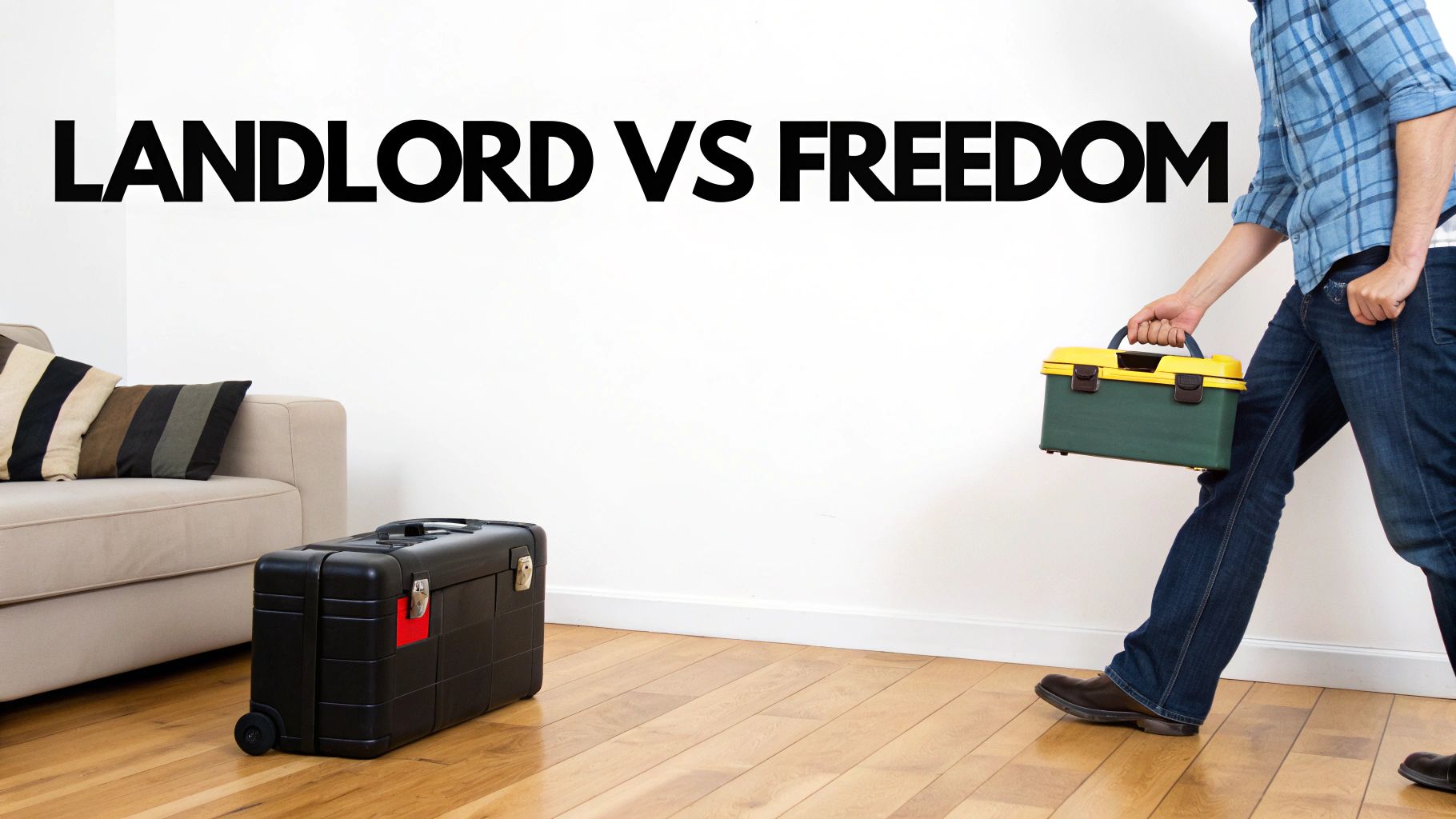 A person sitting on packed boxes, looking thoughtful about their decision to rent or sell.