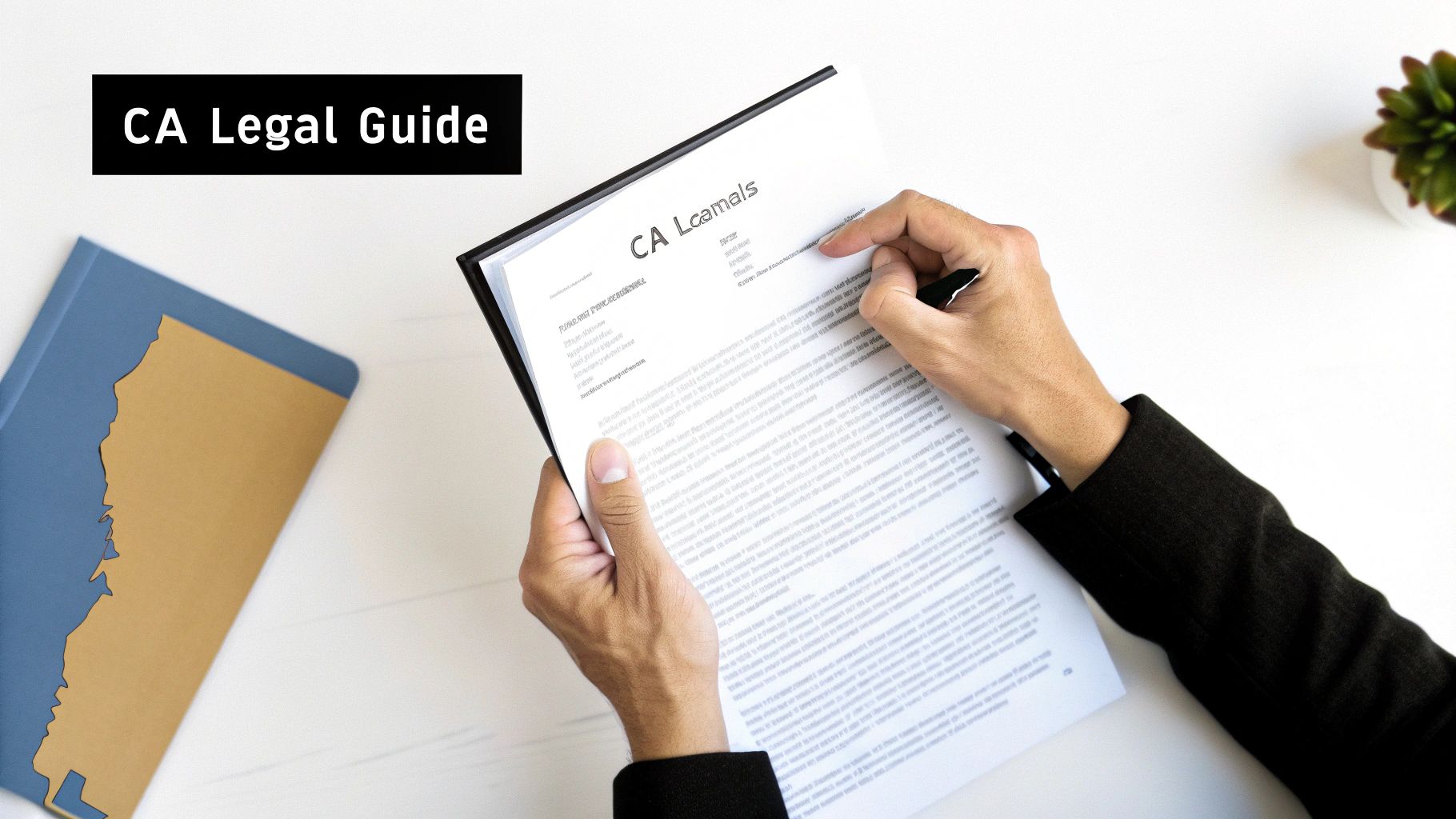 Hands writing on a legal document titled 'CA Legal Guide' with a California map folder nearby.