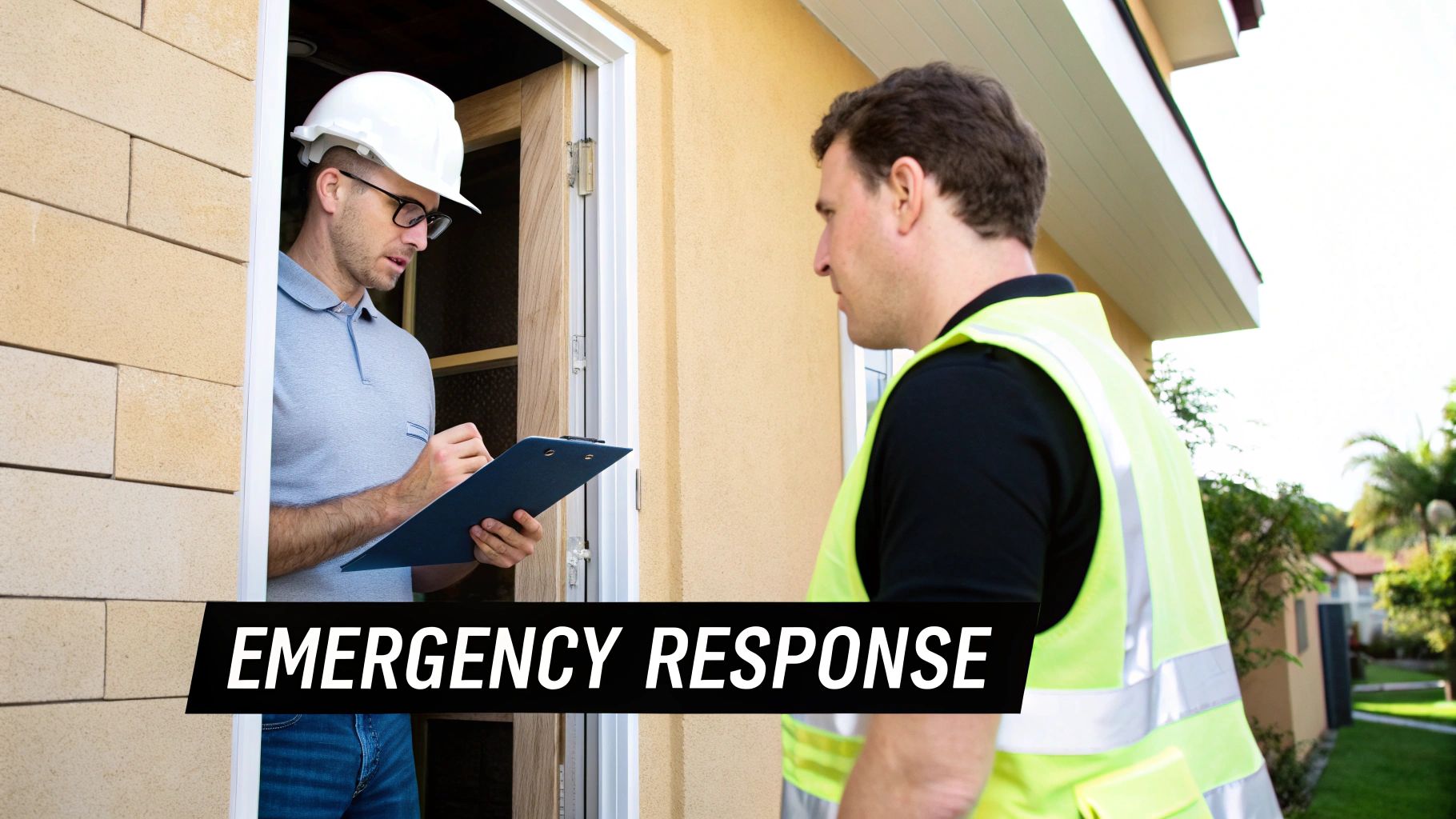 Emergency response worker in hard hat taking notes, talking to a man in a safety vest at a house doorway.