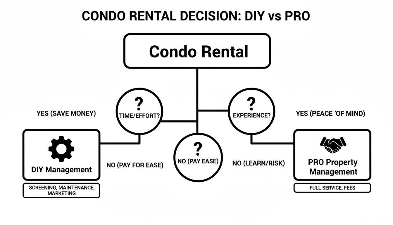 A decision tree comparing DIY and professional condo rental management, considering time, effort, and experience trade-offs.