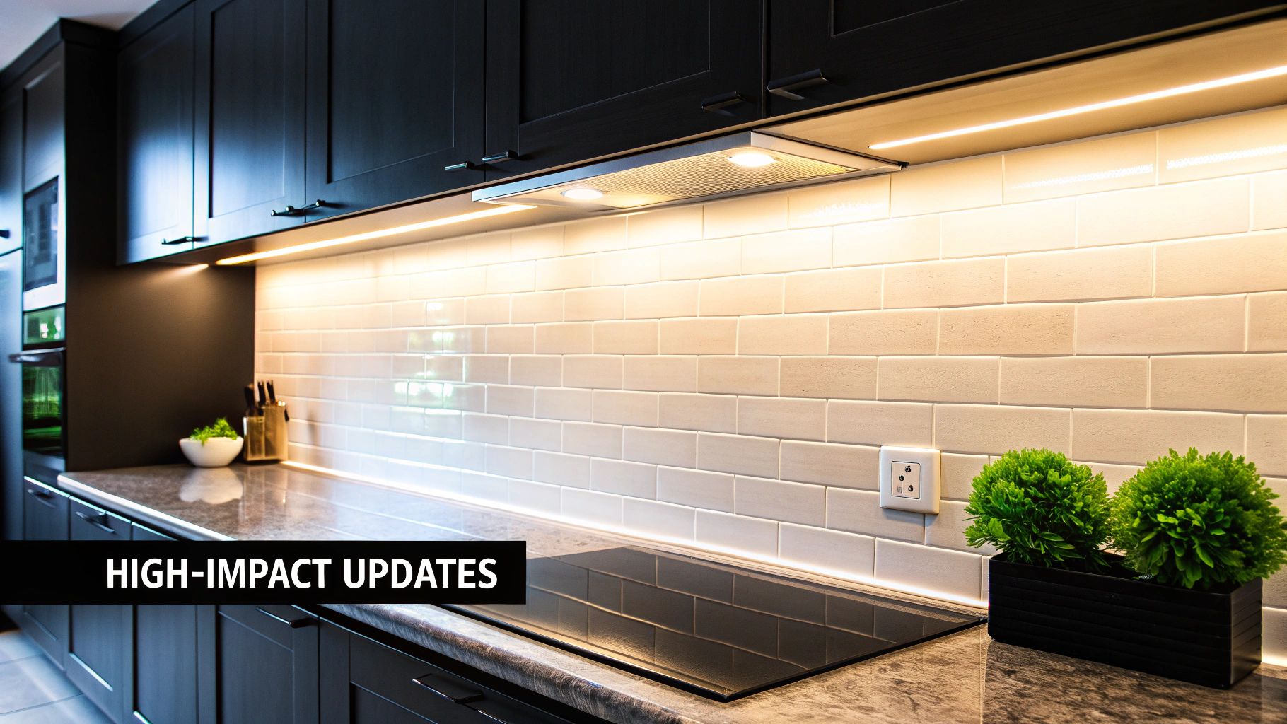Modern kitchen with a new backsplash and updated lighting fixtures