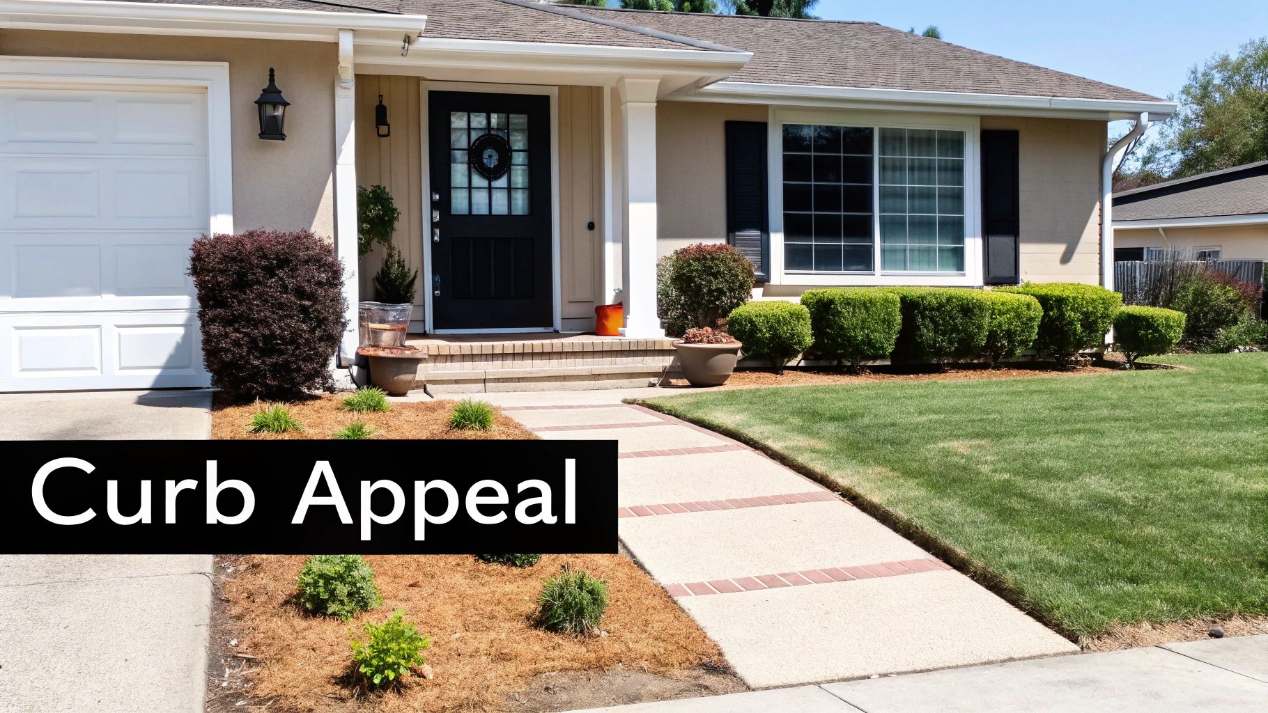 A well-maintained front yard of a house with green grass, a pathway, and neat landscaping, demonstrating curb appeal.