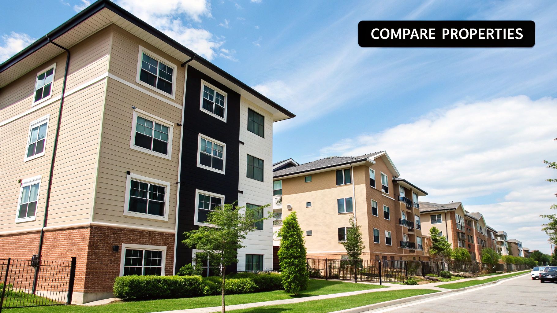 Two different types of rental properties side-by-side, one a modern condo and the other a suburban duplex, for comparison.