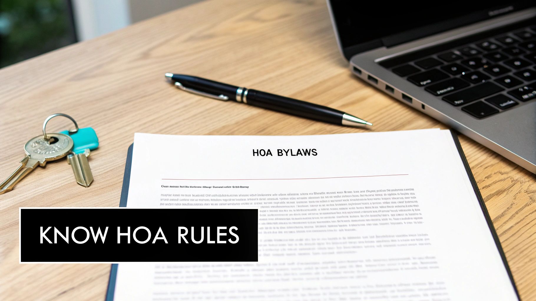 A wooden desk with house keys, a pen, a laptop, and a document titled 'HOA BYLAWS' with a banner 'KNOW HOA RULES'.
